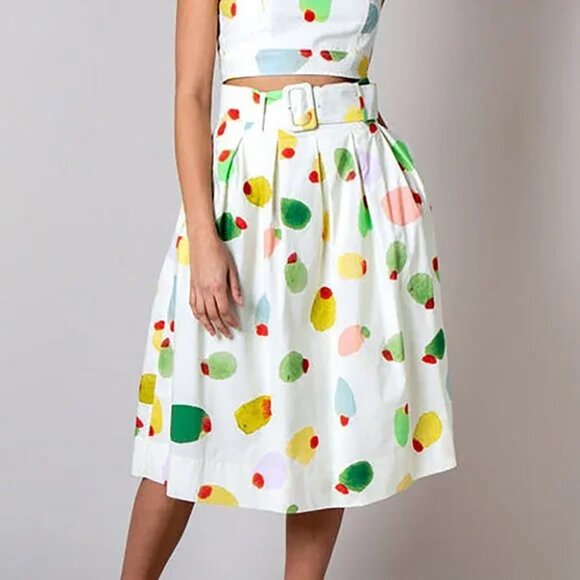 Rachel Antonoff Filthy Martini Olive Print Vinnie Skirt Pleated Belt Dots 8 - Picture 1 of 15
